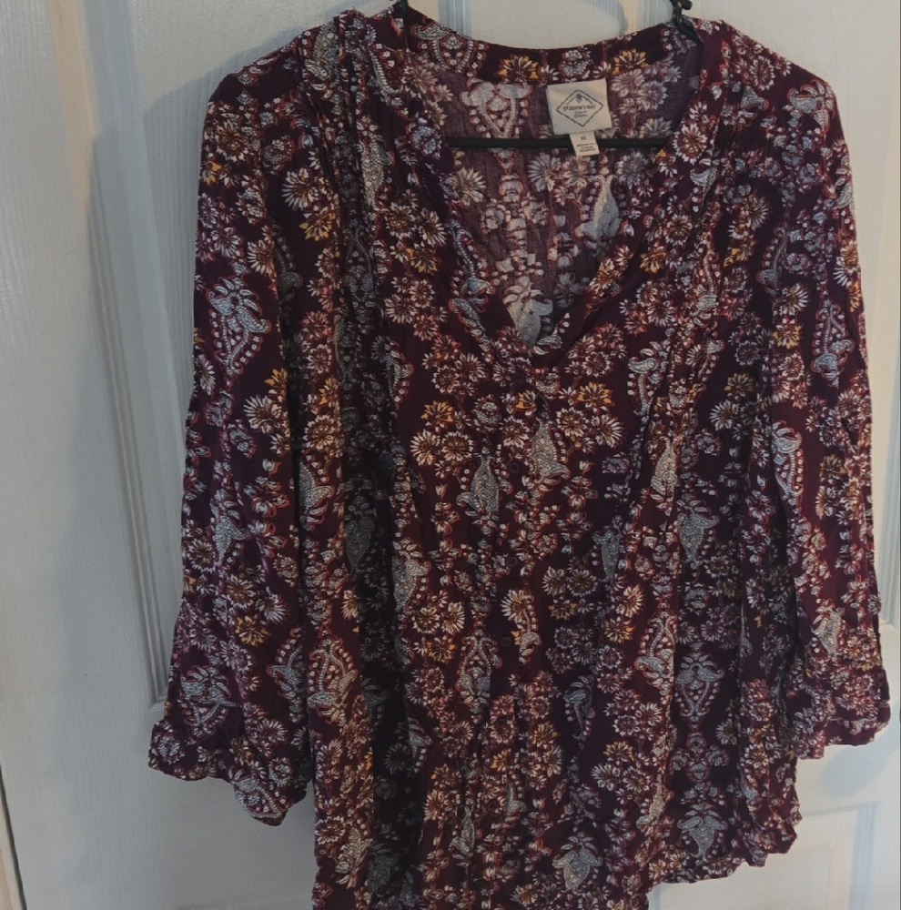 St. John's Bay Red Buttoned Blouse with Mandarin Collar